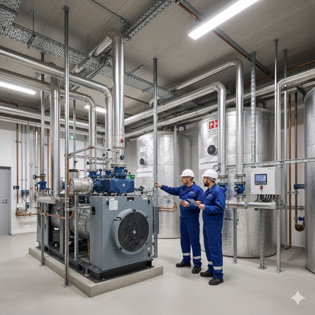 Pompe à chaleur hybride moderne installée à l'extérieur d'une maison avec unité condenseur et système de chauffage