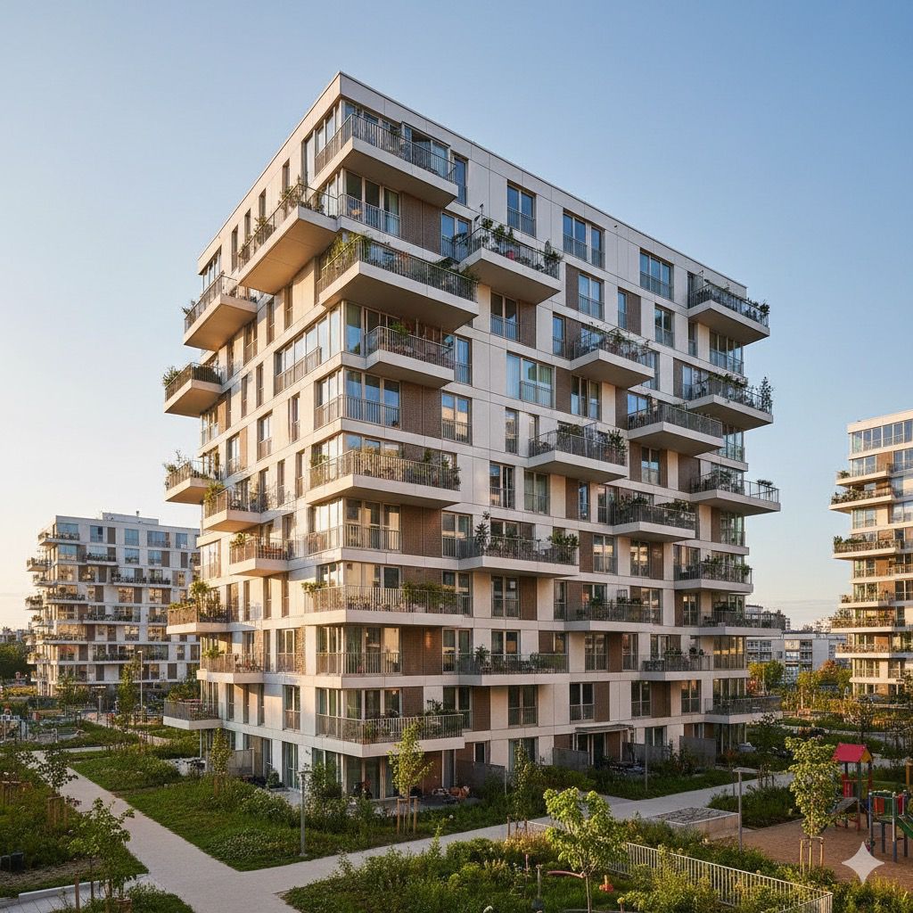 Modern apartment building complex with multiple floors and balconies