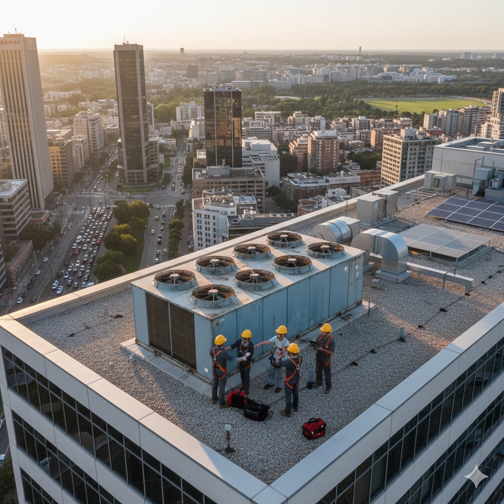 Bâtiment tertiaire moderne avec façades grises et bleues, architecture contemporaine professionnelle du secteur énergétique